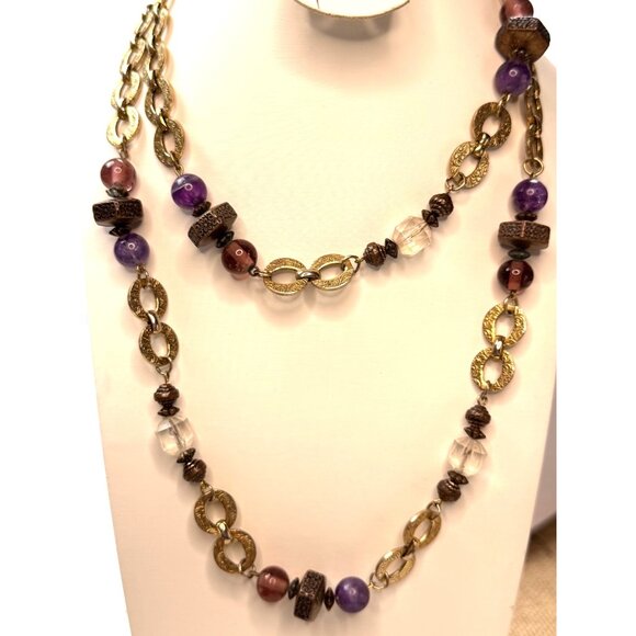 Vintage-Inspired Long Gold Chain Necklace With Purple & Burgundy Beads Textured - Picture 2 of 8